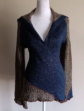 BKE Fairy Grunge Blue & Brown V-Neck Knit Sweater Size Large, Patchwork Design